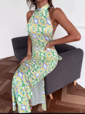 Zara Backless Halter Maxi Dress in retro Green, Yellow & Blue NWT 4